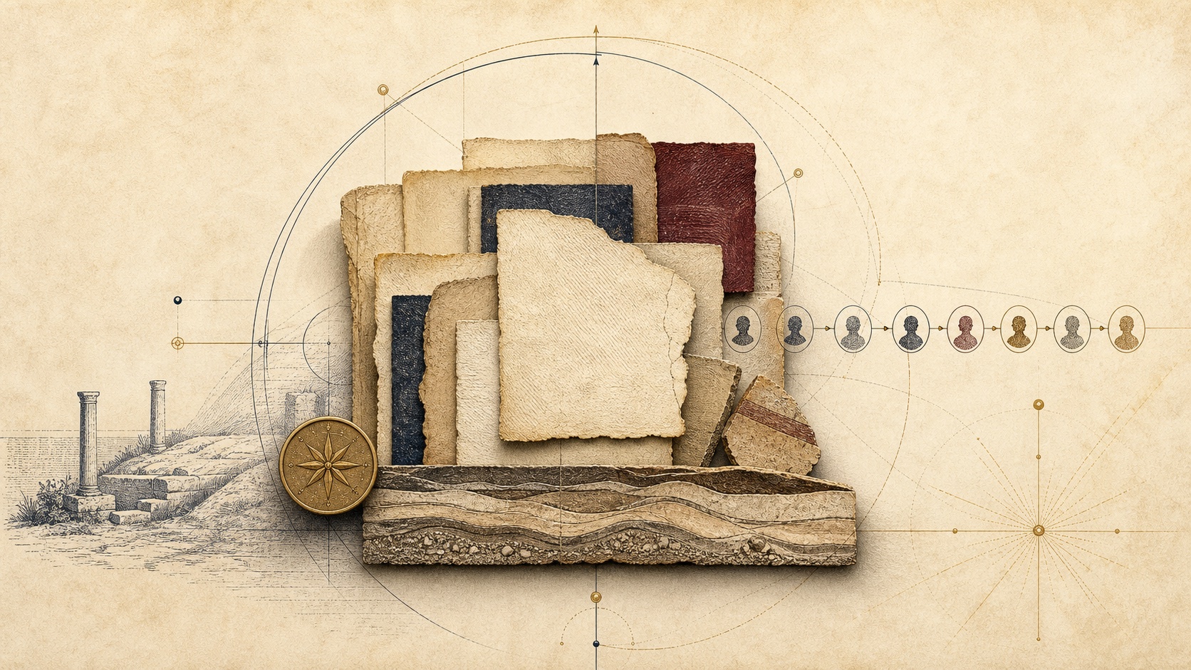 Archival-style conceptual illustration representing layered manuscript leaves, witness marks across generations, archaeological strata, and compass geometry.